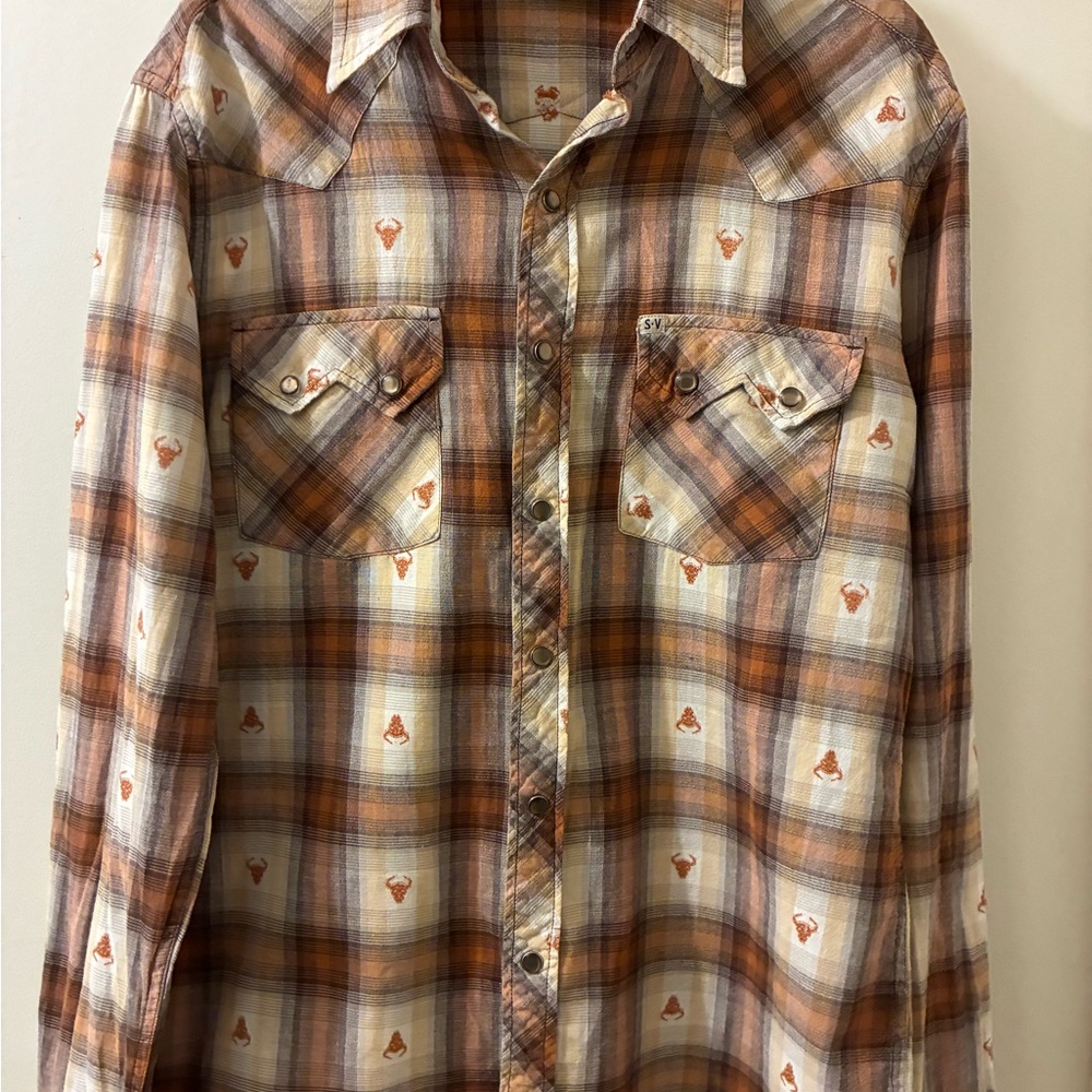 Vintage Salt Valley Western plaid snap shirt with steer heads.